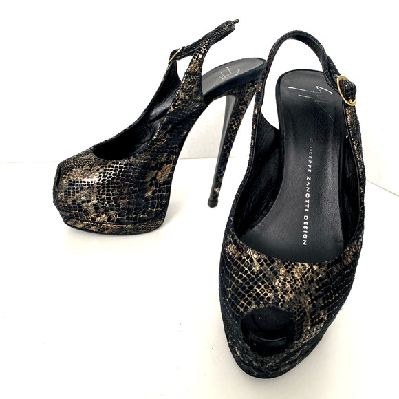 Giuseppe Zanotti Embossed Snakeskin Platform Pump Slingback Gold Black Peep 35 - Picture 6 of 9